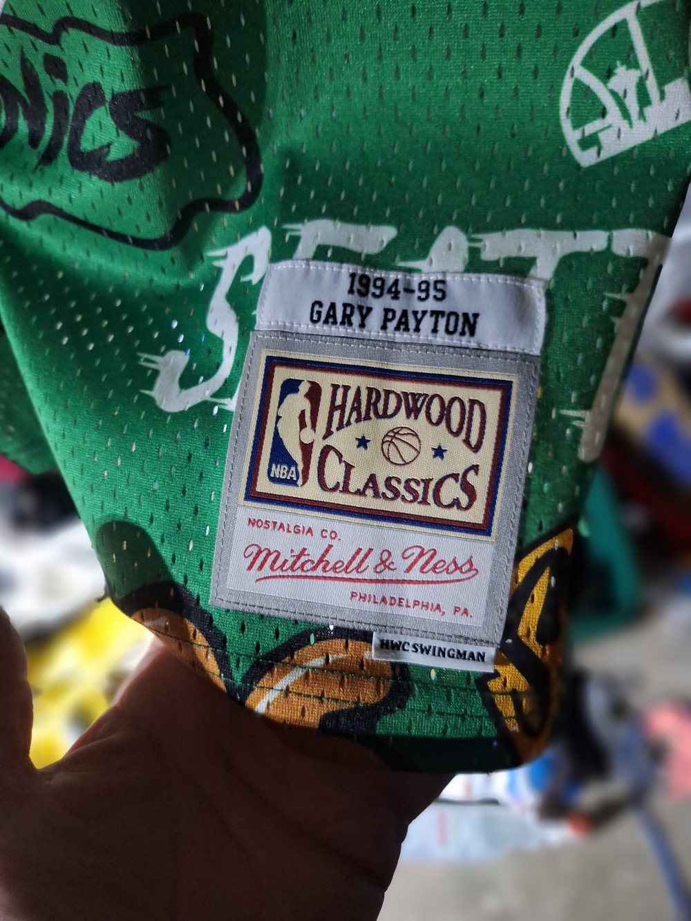 Mitchell & Ness Seattle Sonics Gary Payton Green and Yellow #20 Graphic Jersey - Picture 2 of 5
